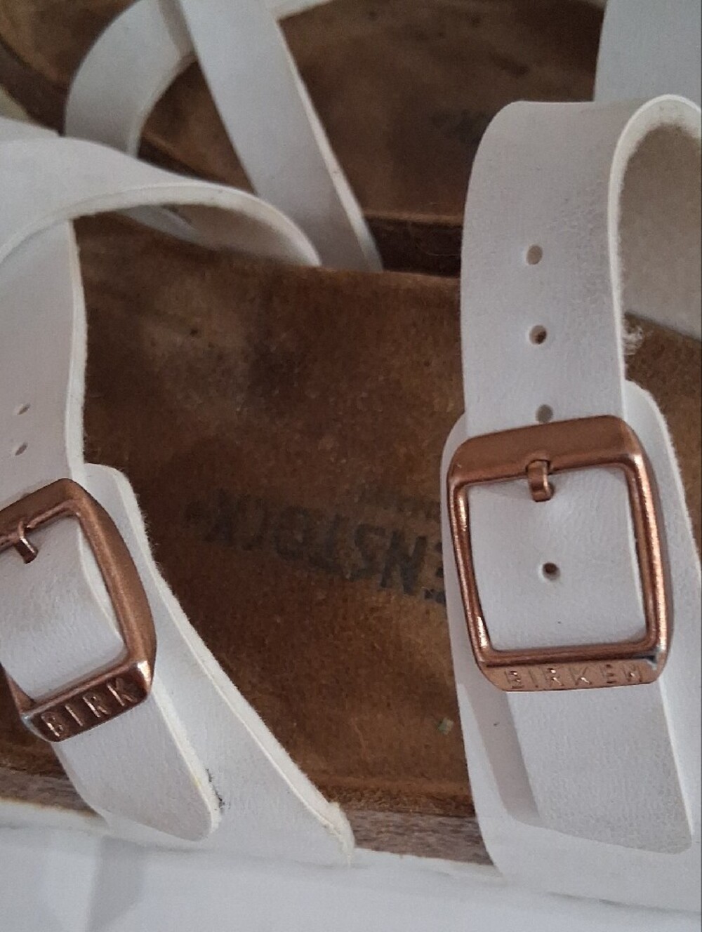 Birkenstock Mayari Women’s White Two-Strap Sandals with Rose Gold Buckles - Picture 8 of 11